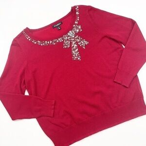 Roz & Ali red long sleeve knit sweater w/silver rhinestone and sequin bow accent